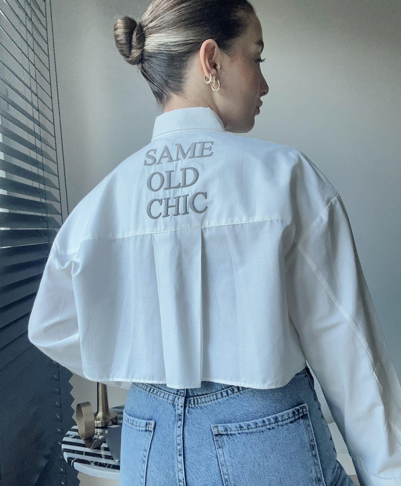 Sloganlı Crop Gömlek Ekru