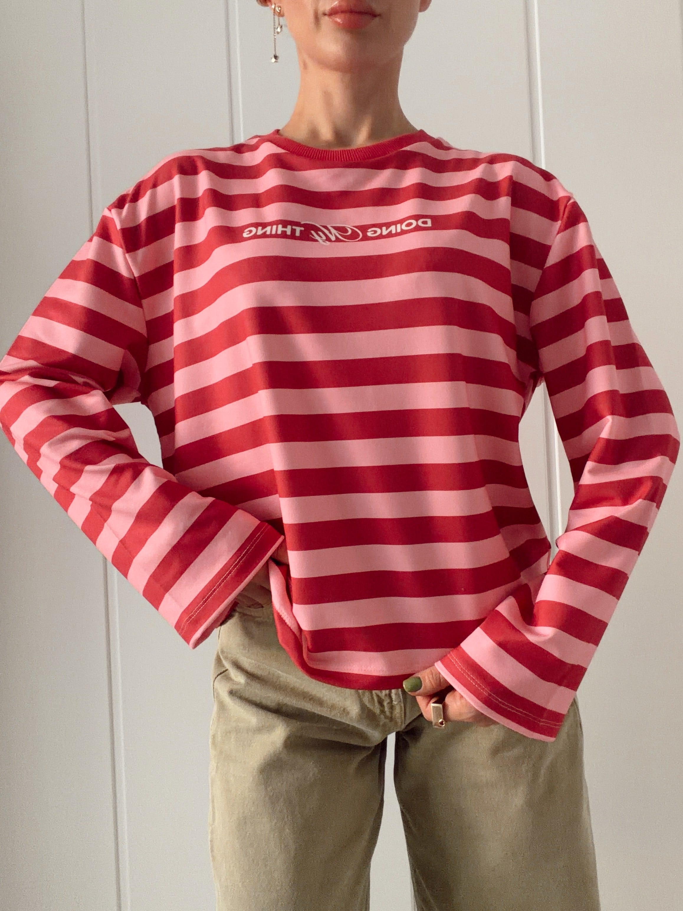 Uzun Kollu Baskılı Oversize Çizgili Body Pembe