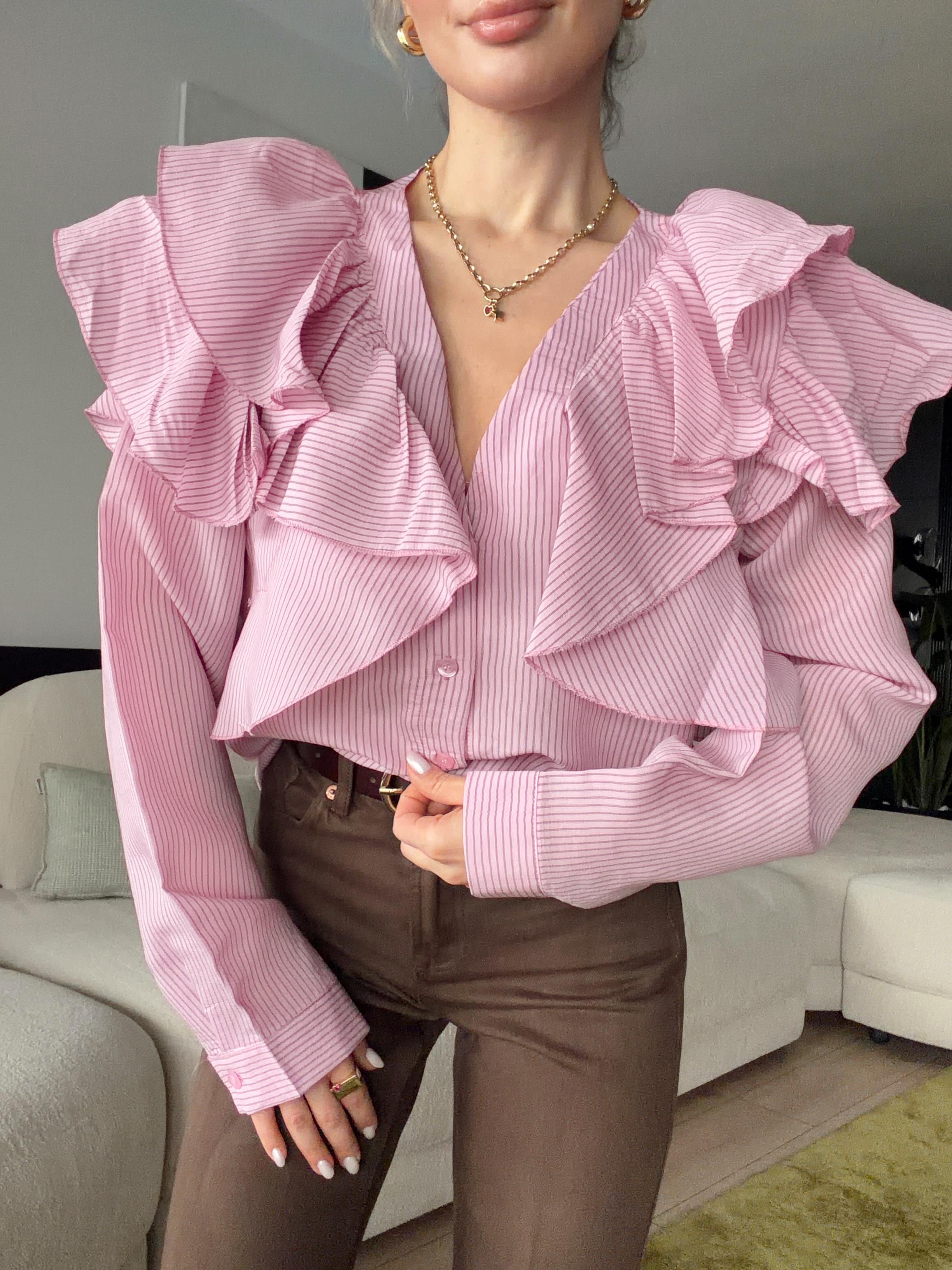 Yaka Detaylı Düğmeli Gömlek Pembe