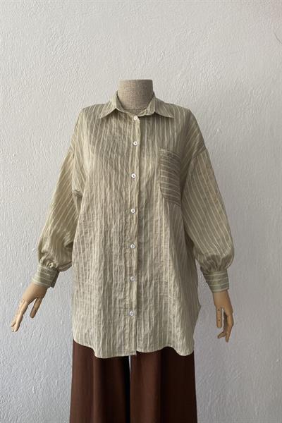 Çizgili Oversize Gömlek Açık Yeşil