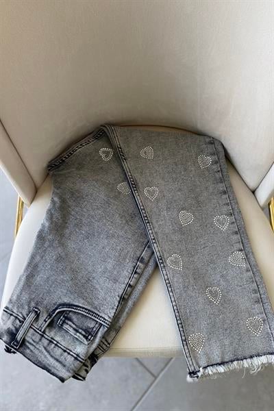 Kalpli Taşlı Kot Pantolon Gri