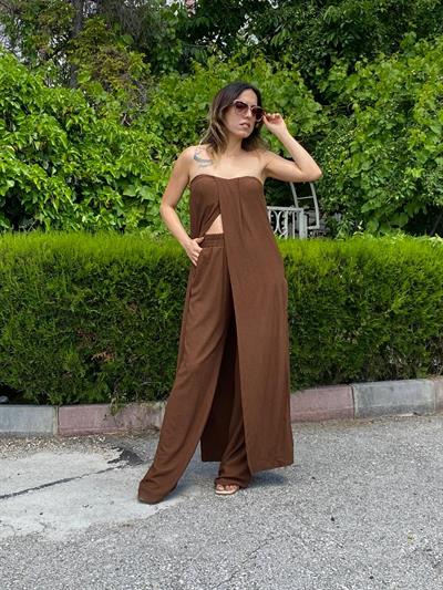 Acı Kahve Bürümcük Straplez Tunik Pantolon Takım