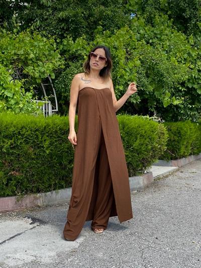 Acı Kahve Bürümcük Straplez Tunik Pantolon Takım