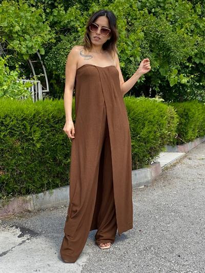 Acı Kahve Bürümcük Straplez Tunik Pantolon Takım