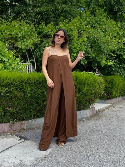 Acı Kahve Bürümcük Straplez Tunik Pantolon Takım