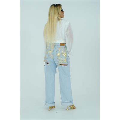Açık Mavi Gold Zincir Detaylı Tasarım Mom Jean