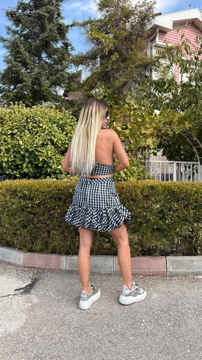 asimetrik çizgili tafta kumaş etek bustiyer takım