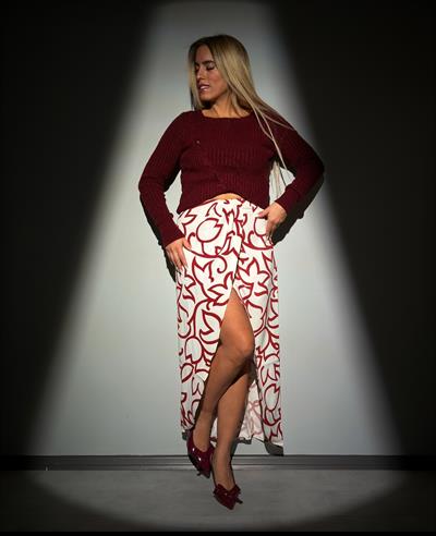 Bej Bordo Desenli Midi Etek