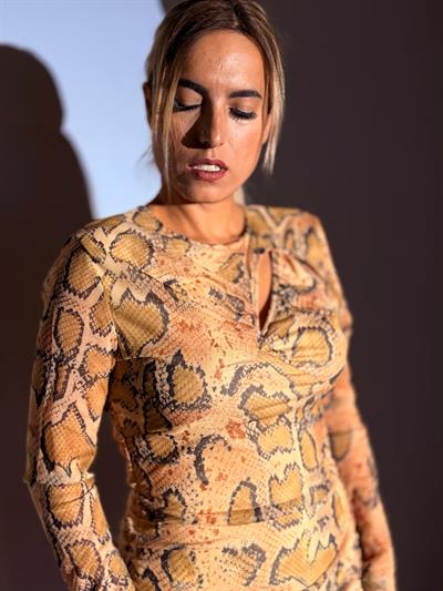 Bej Yılan Desenli Yaka Detaylı Büzgülü Elbise