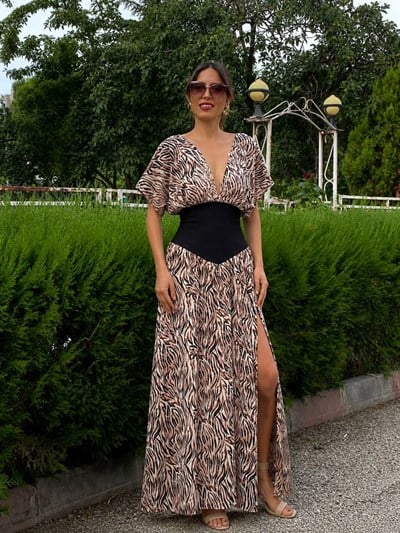 bel korseli zebra desen tasarım elbise