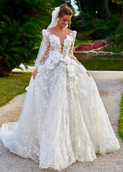 Beyaz 3D Çiçek Motifli Düşük Kol A kesim Petal Whisper Gelinlik