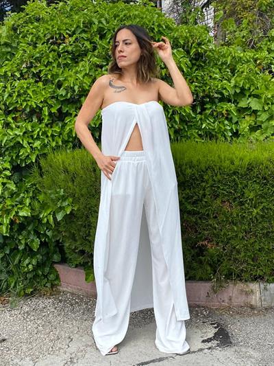 Beyaz  Bürümcük Straplez Tunik Pantolon Takım