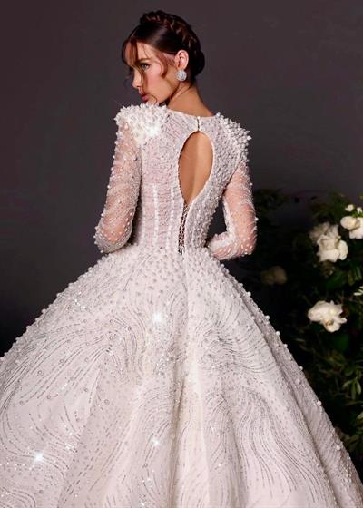 Beyaz Derin Dekolteli Full taş İşlemeli Prenses Model Moonlit Reverie Gelinlik