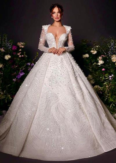 Beyaz Derin Dekolteli Full taş İşlemeli Prenses Model Moonlit Reverie Gelinlik