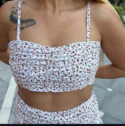 Beyaz Üzeri Kırmızı Mavi Çiçekli Etek Büstiyer Takım