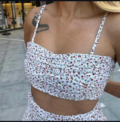 Beyaz Üzeri Kırmızı Mavi Çiçekli Etek Büstiyer Takım