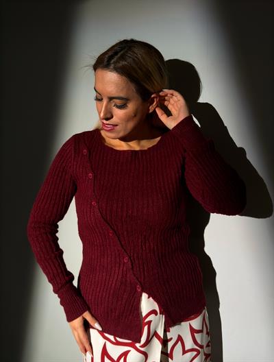 Bordo Düğme Detaylı Triko Kazak