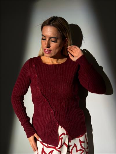 Bordo Düğme Detaylı Triko Kazak