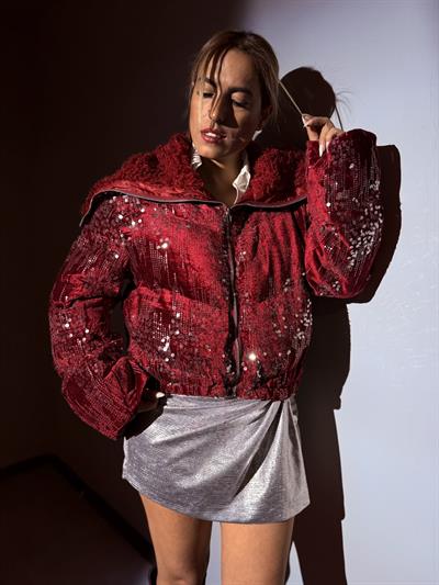 Bordo Geniş Yaka Pul Detay Mont