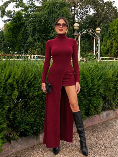 Bordo Sandy Kumaş Boğazlı Asimetrik Elbise