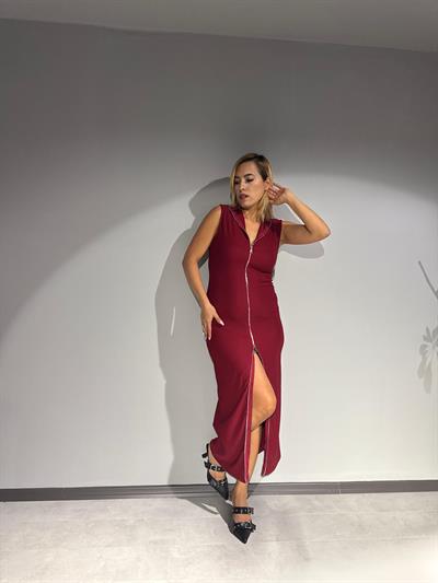Bordo Sıfır Kol Önü Çift Fermuarlı Elbise