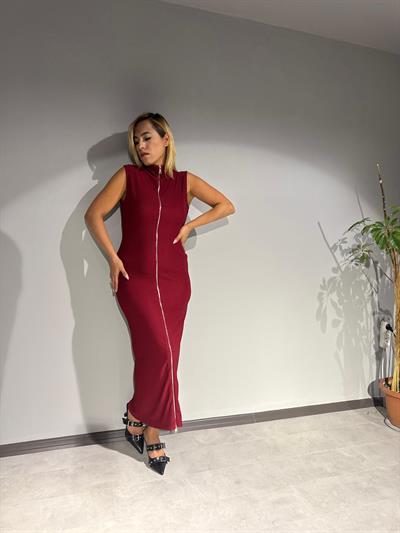 Bordo Sıfır Kol Önü Çift Fermuarlı Elbise