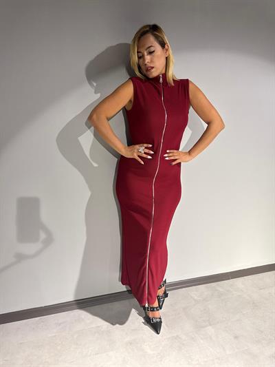 Bordo Sıfır Kol Önü Çift Fermuarlı Elbise