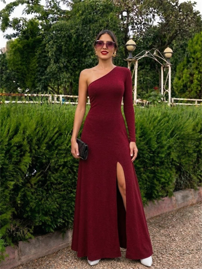 Bordo Tek Omuz Uzun Derin Yırtmaçlı Maxi Elbise