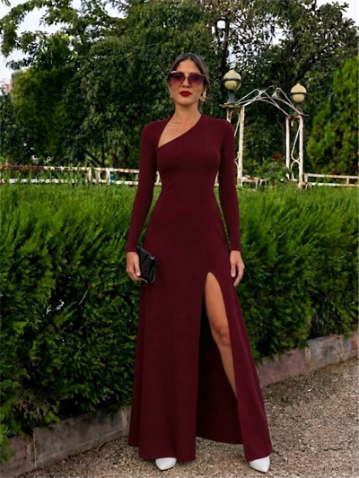 Bordo Yaka Detaylı Derin Yırtmaçlı Maxi Elbise