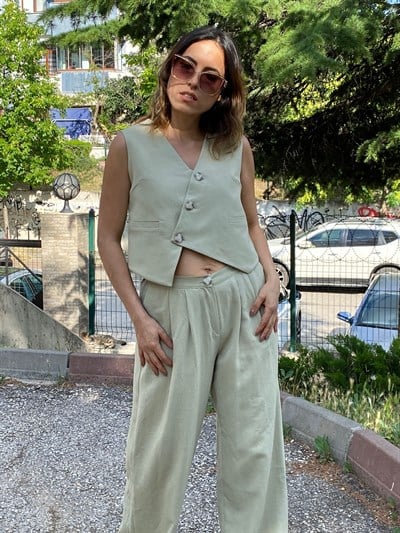 Çağla Yeşili Keten Pantolon Yelek Takım