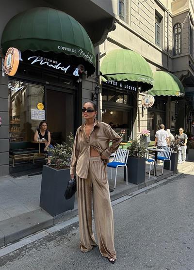 Camel Kadife Gömlek Pantolon Takım