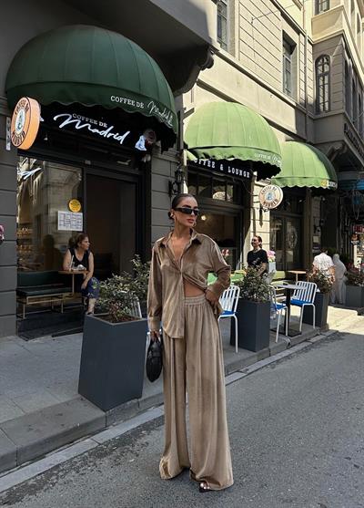 Camel Kadife Gömlek Pantolon Takım