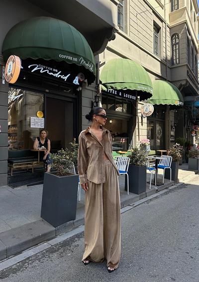 Camel Kadife Gömlek Pantolon Takım