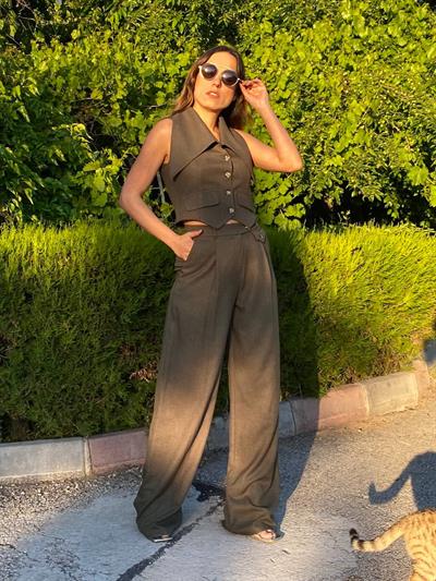 haki yeşil keten kumaş geniş yaka yelek pantolon takım