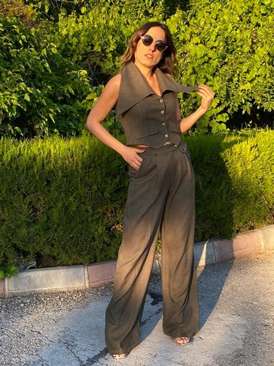 haki yeşil keten kumaş geniş yaka yelek pantolon takım