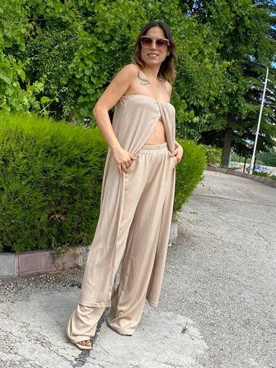 Kahve Bürümcük Straplez Tunik Pantolon Takım