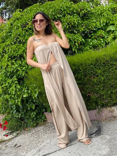 Kahve Bürümcük Straplez Tunik Pantolon Takım