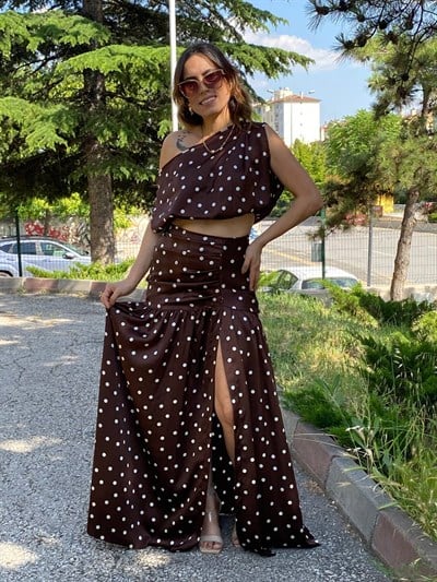 kahve krem puantiye etek takım