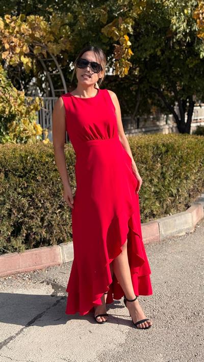 Kırmızı  Dabıl Kumaş Volanlı Elbise