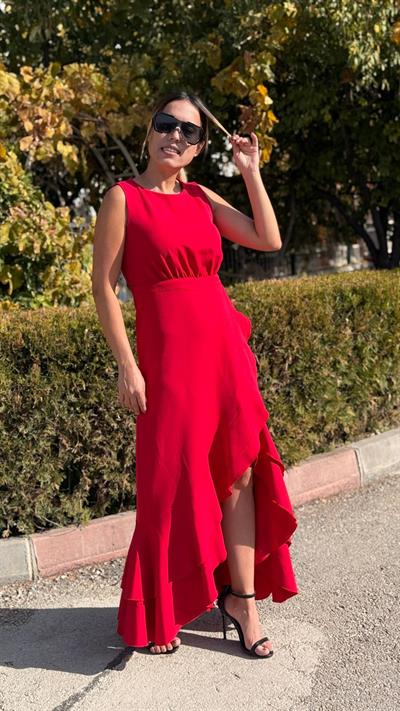 Kırmızı  Dabıl Kumaş Volanlı Elbise