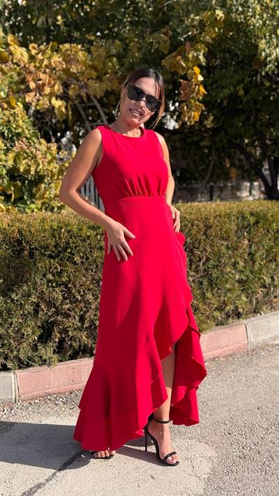 Kırmızı  Dabıl Kumaş Volanlı Elbise