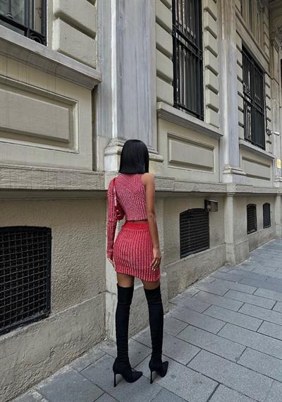 Kırmızı Simli Tek Kol Kazak Mini Etek Takım