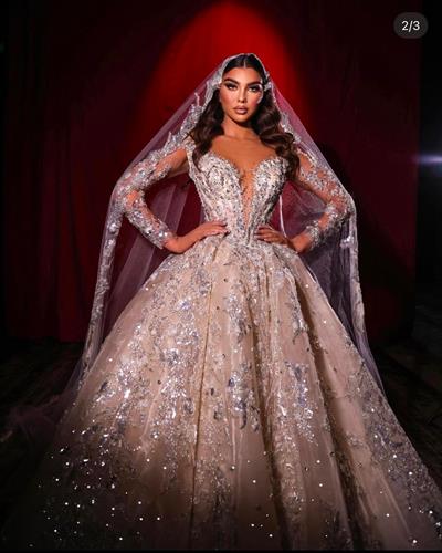 Krem Üzeri Gümüş Taş İşlemeli Göğüs Dekolteli Prenses Model Seraphina Gelinlik