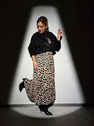 Leopar Desen Saten Kiloş Midi Boy Etek