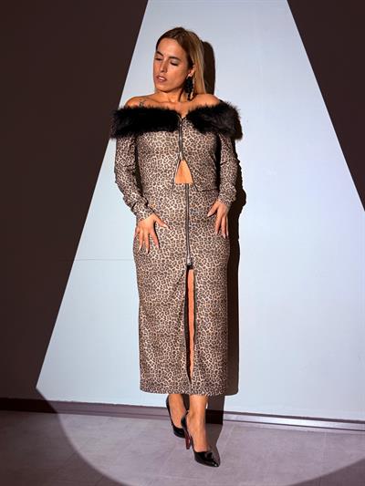 Leopar Fermuar Detay Midi Etek