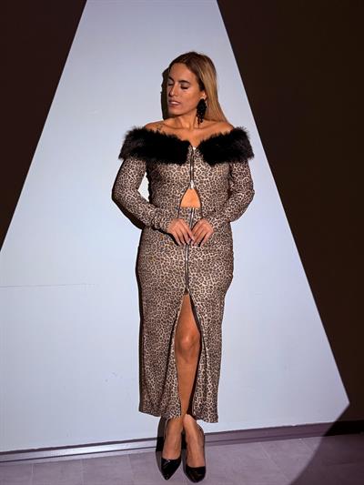 Leopar Fermuar Detay Midi Etek