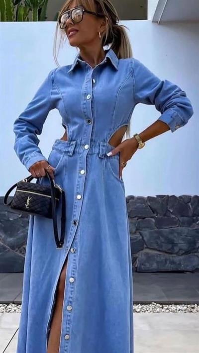 Mavi Kot Uzun Bel Dekolteli Elbise