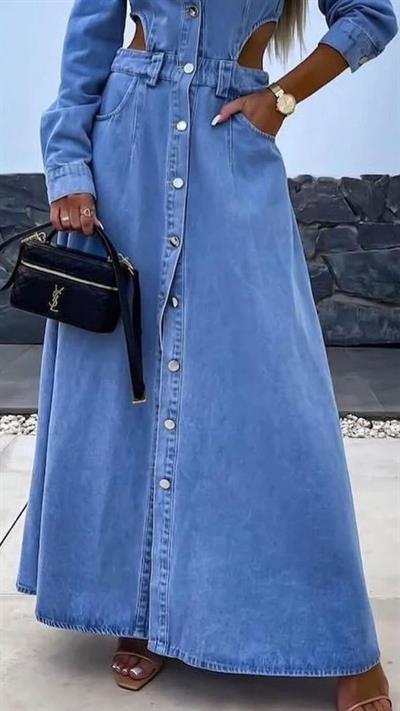 Mavi Kot Uzun Bel Dekolteli Elbise