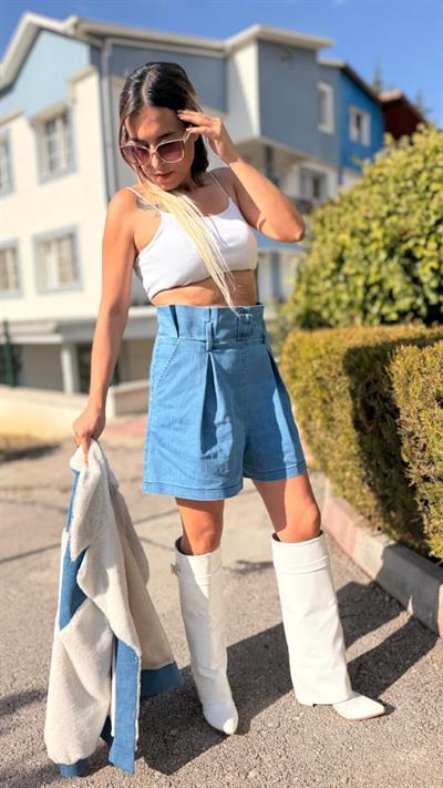 mavi yüksek bel kot şort