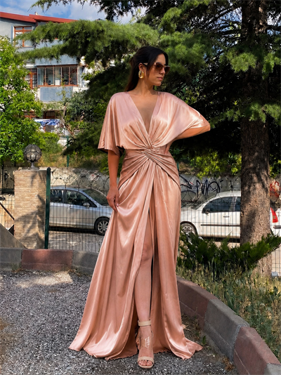rose saten likralı tasarım elbise